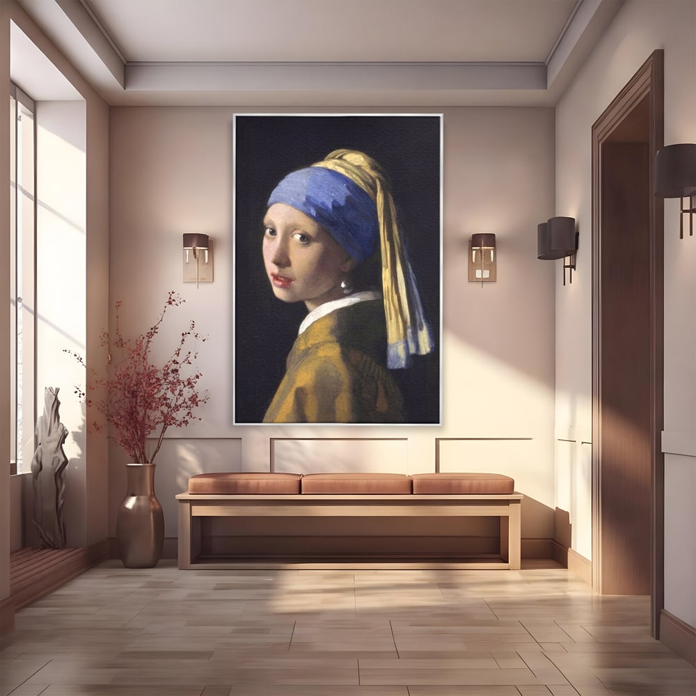 Tablou canvas cu reproducere pictura fata cu cercel de perla, in rama de aluminiu argintiu